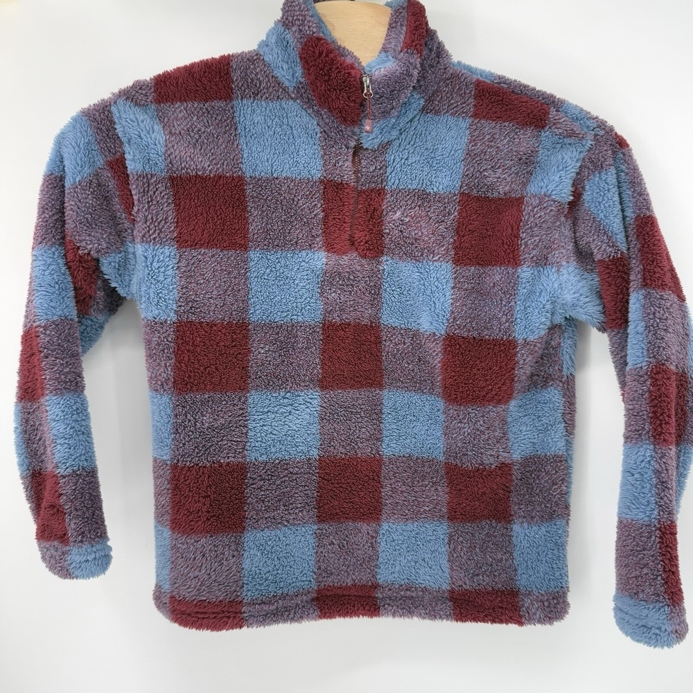 Eddieโ Bauer Fleece Pullover Womens M Blue Burgundy Plaid Quarter Zip Faux Fur